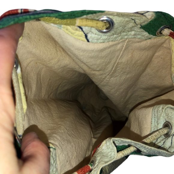 Vintage Bark Cloth Spring Green Red Leaf Print Cinch top Duffel bag - Picture 4 of 5